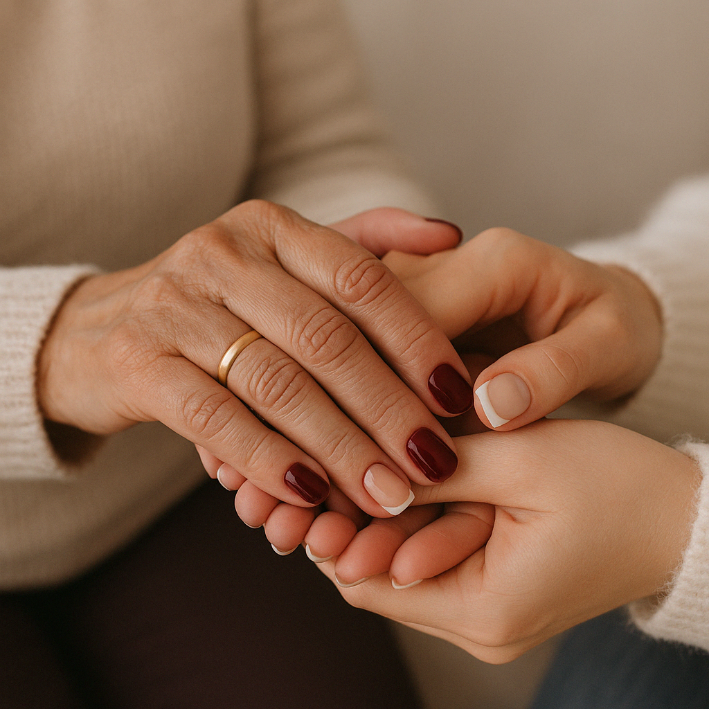 Close-up of two hands, one with a gold ring, gently holding the other hand, with well-manicured nails painted red and nude. The background is blurred.