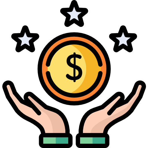 Two hands holding a gold coin with a dollar sign, surrounded by three stars on a black background.