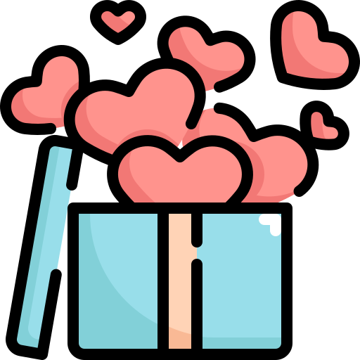 A light blue gift box with pink hearts and a heart-shaped balloon popping out.