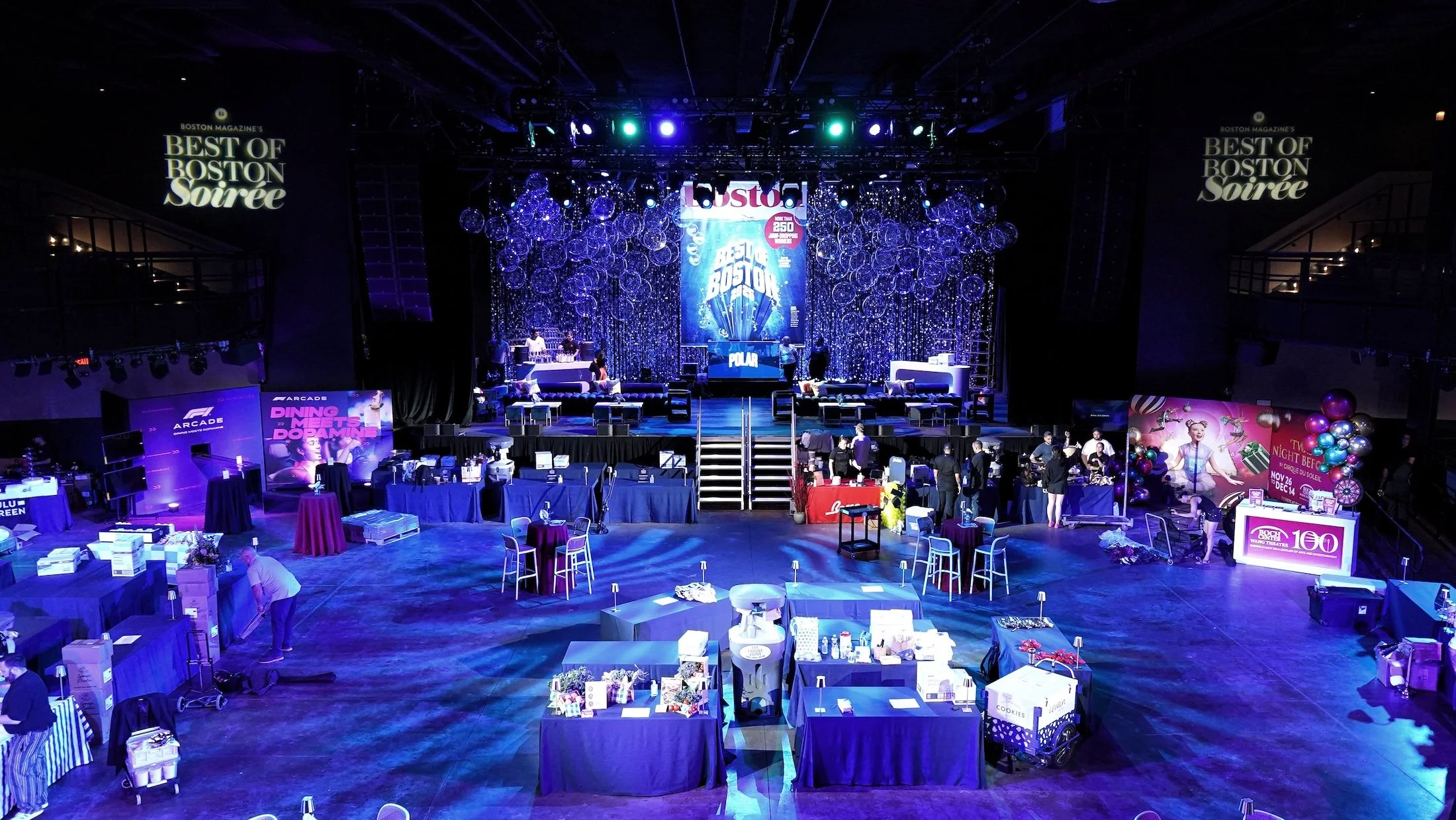 Event stage with blue and purple lighting - HSP event production in Boston MA