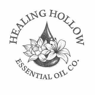 Logo of healing hollow essential oil company featuring a water droplet with flowers inside and the text 'Healing Hollow Essential Oil Co.' around it.