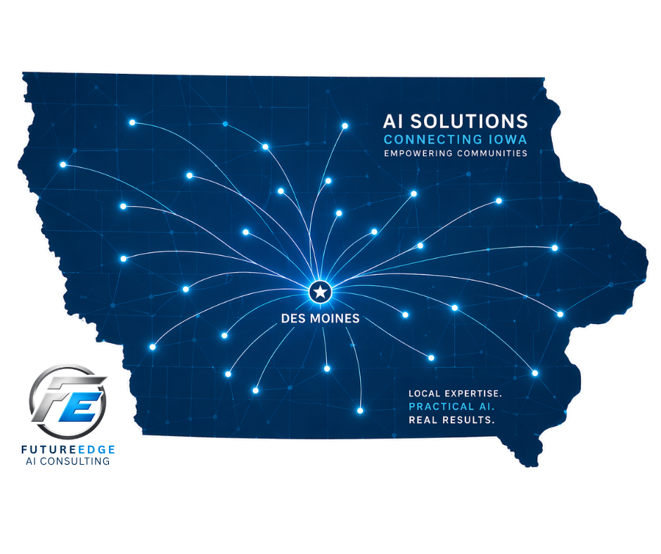 AI consulting in Iowa map showing Des Moines as a central hub with network connections across the state, representing FutureEdge AI services for schools, businesses, and organizations