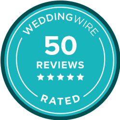 Blue circular badge with white text reads "WEDDING WIRE 50 REVIEWS RATED" and five stars below.