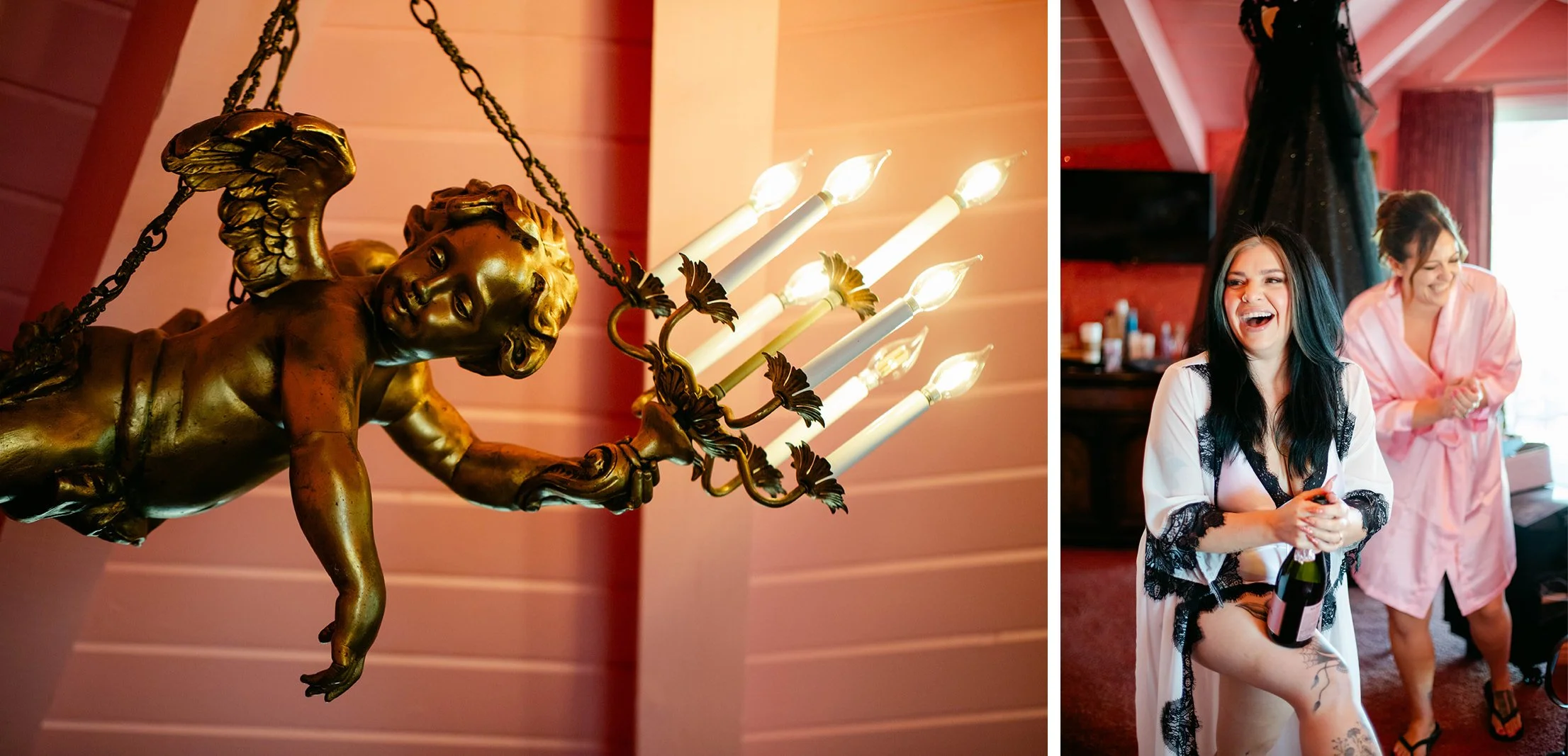 A bride pops champagne in her hotel room at the Madonna Inn in San Luis Obispo