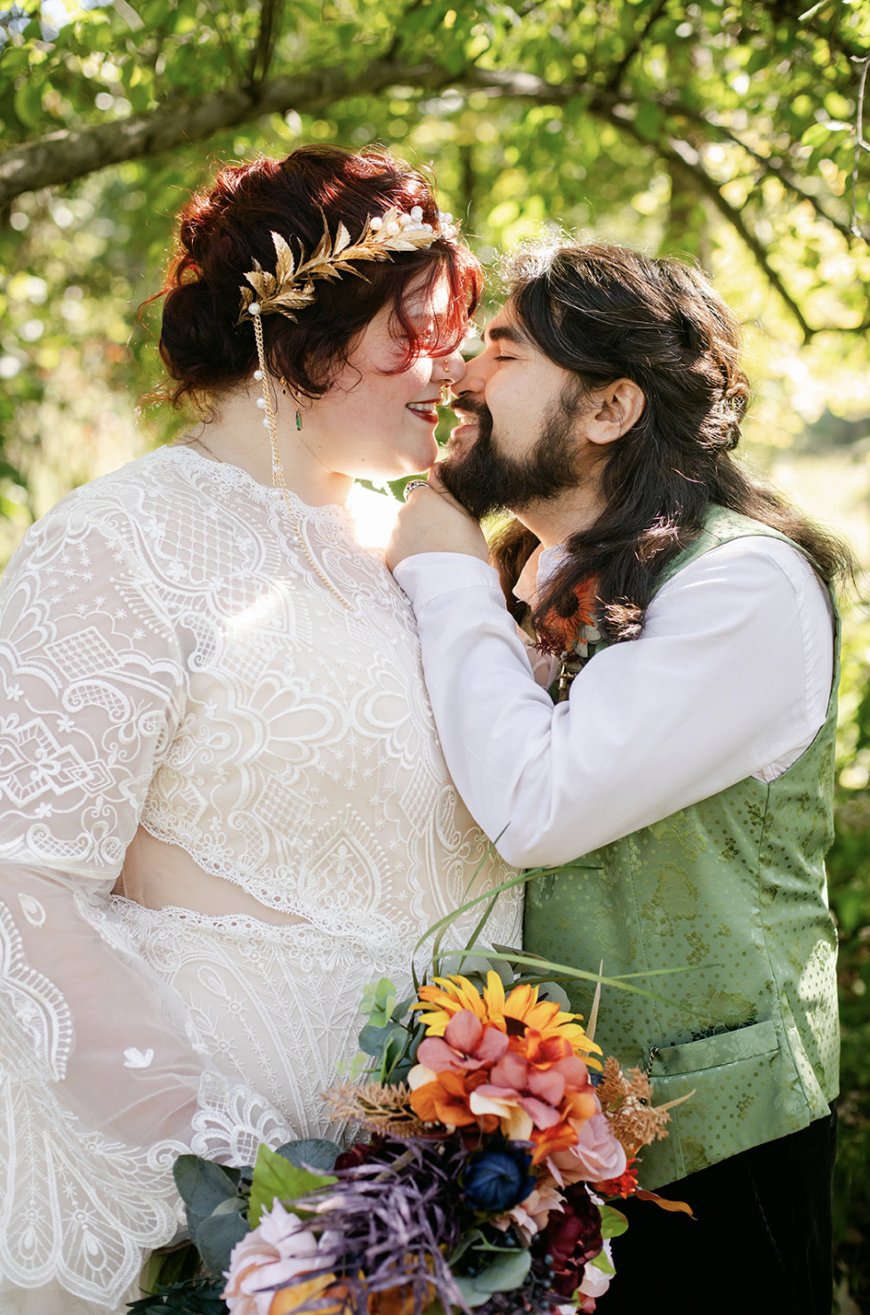 Romantic wedding portrait of couple smiling and looking at each other at a Lord of the Rings themed wedding in Minnesota, alternative nerdy and fandom inspired wedding photography by Leah Flores of Wed n Wild, Portland Oregon