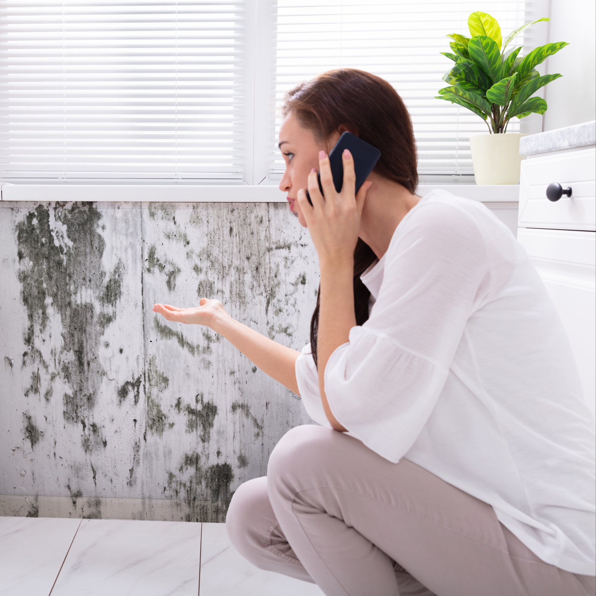 Woman crouching in front of a moldy kitchen wall, talking on a mobile phone.