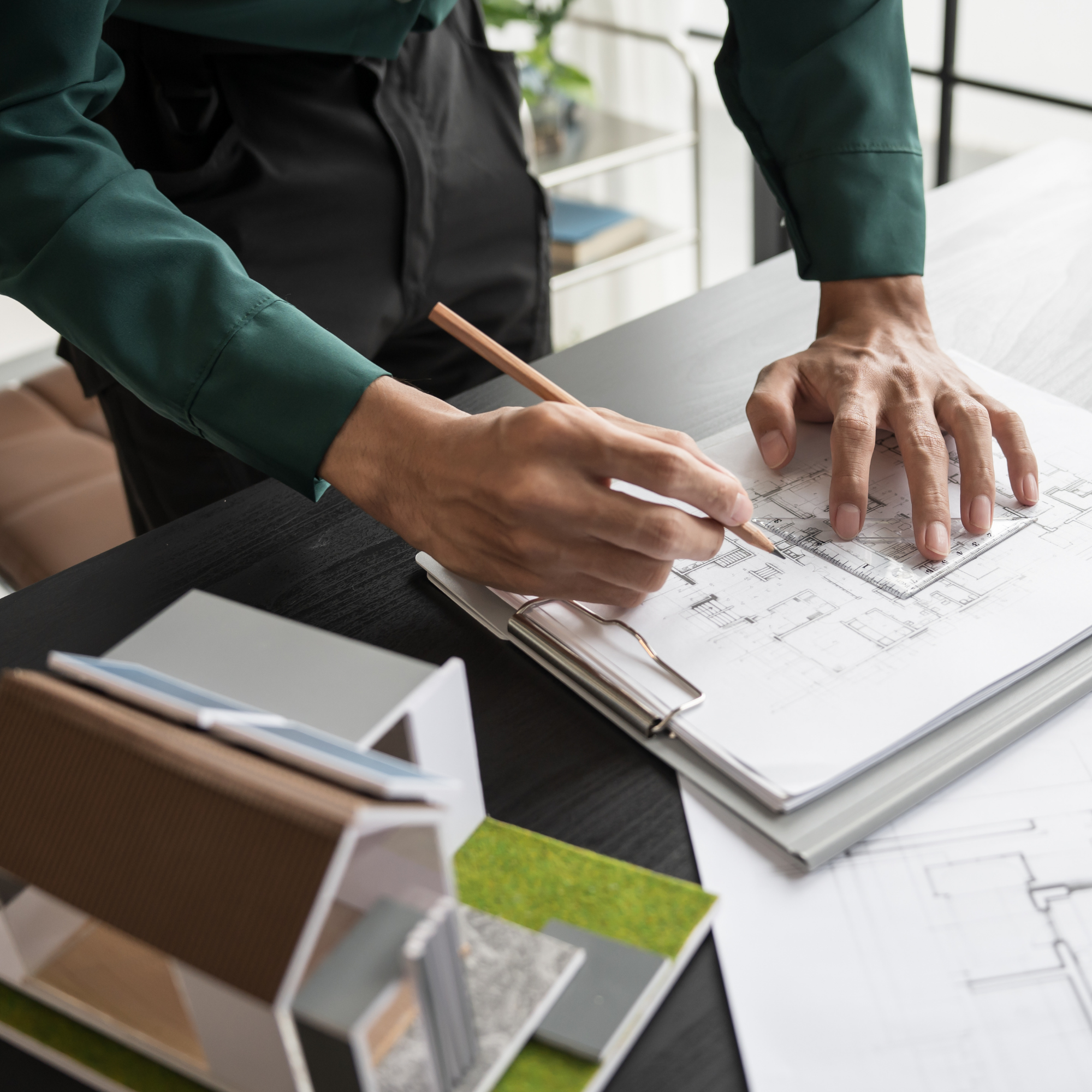 Person working on architectural blueprints and drawings on a desk, with a small model house in the foreground.