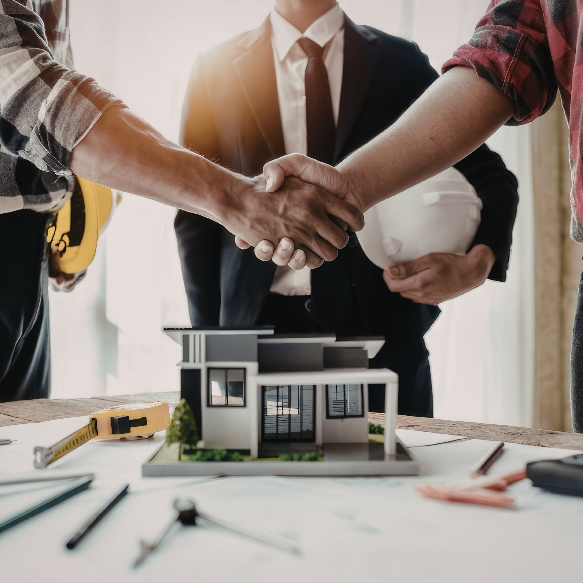 People shaking hands over a table with architectural plans and a model of a house, indicating a real estate or construction agreement.