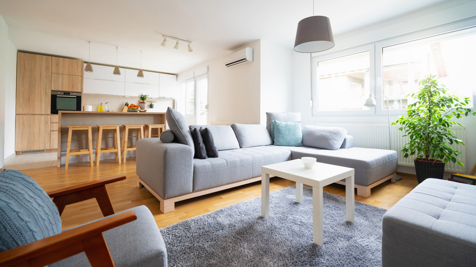 Bright living room with gray sectional sofa, white coffee table, and large window with a view of neighboring buildings, decorated with green plants and modern furnishings.