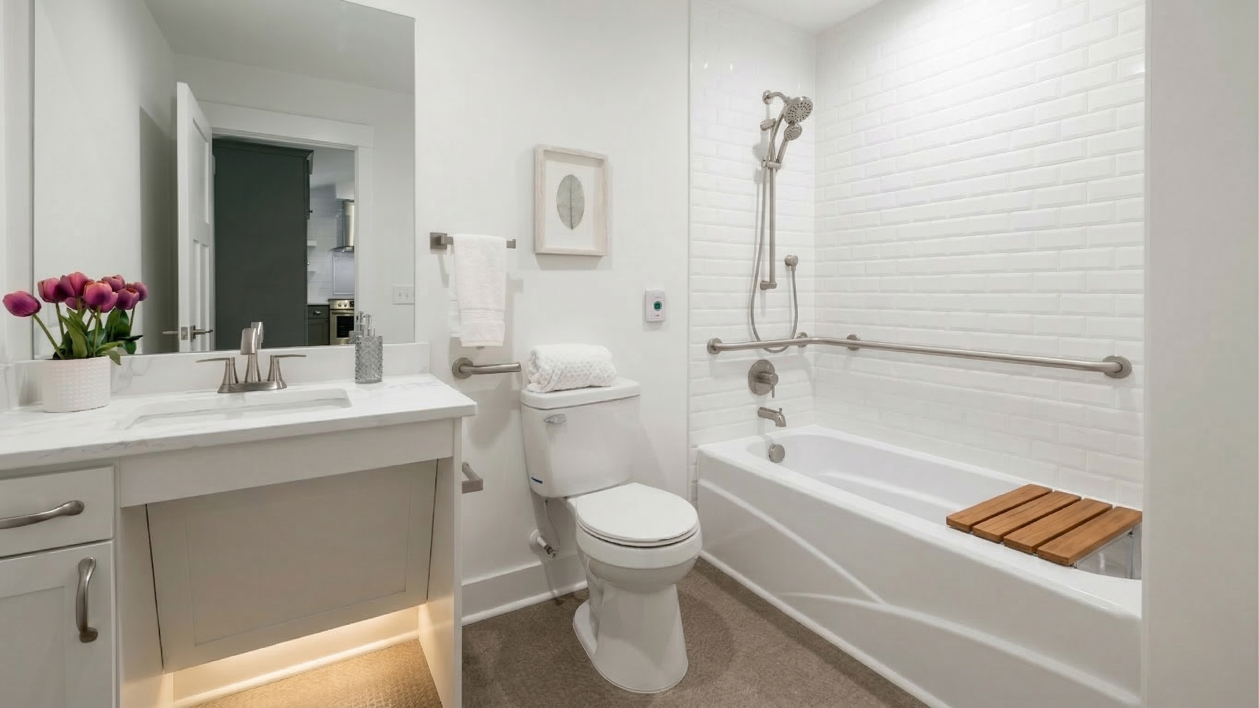 Modern bathroom with white vanity, mirror, white toilet, and walk-in shower with grab bars and wooden bench.