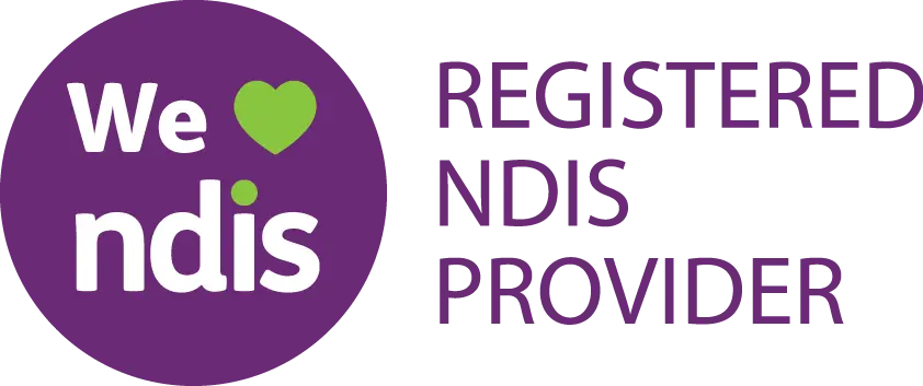 Part of a purple circular and rectangular design with the words "We love ndis" and some additional partially visible text in purple.