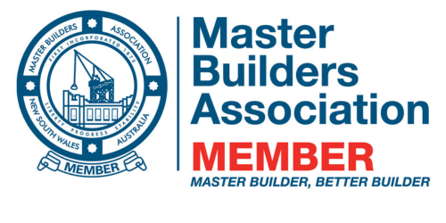 Master Builders Association membership badge featuring a blue circular logo with construction crane and building, alongside text indicating membership and a slogan: "Master Builder, Better Builder."