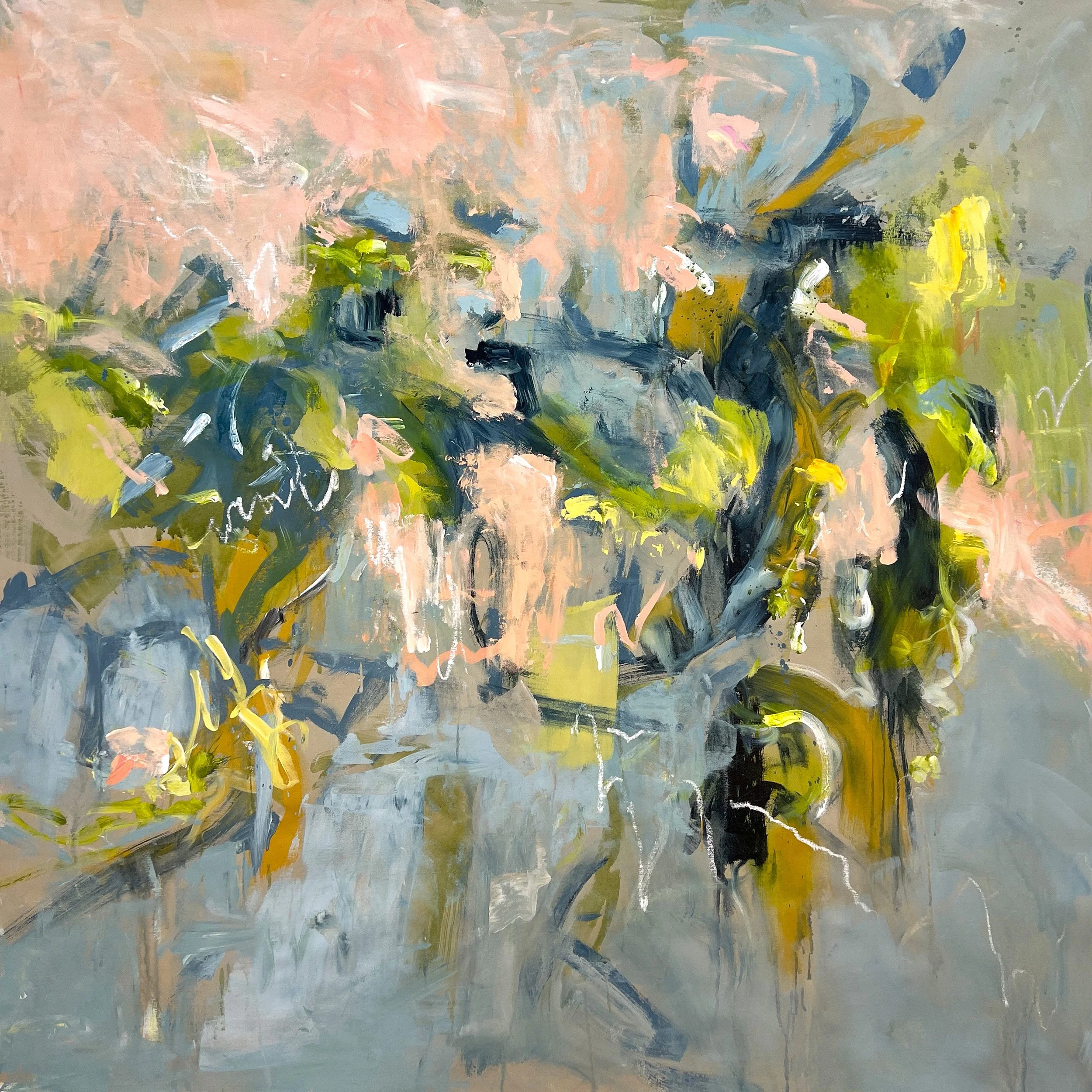 Abstract painting with pastel pinks, blues, greens, and yellows, featuring brushstrokes and layered textures.