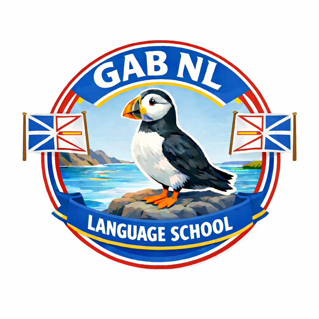 A logo for GABNL Language School featuring a puffin bird on rocks by the ocean with two flags, and a circular blue banner with white text.