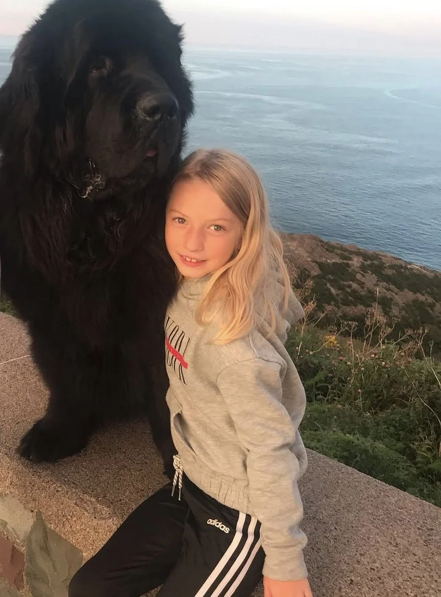 A young girl and a large black Newfoundland dog posing together outdoors on a cliffside with ocean in the background during sunset.
