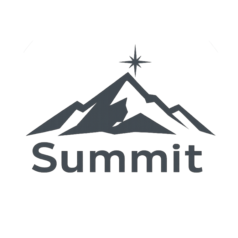 Graphic of mountains with a star above and the word 'Summit' below.