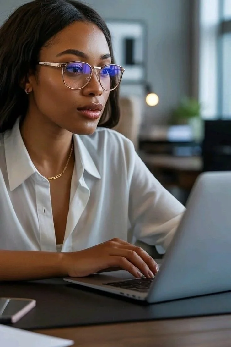 A woman with glasses and a white blouse working on a laptop in an office setting.