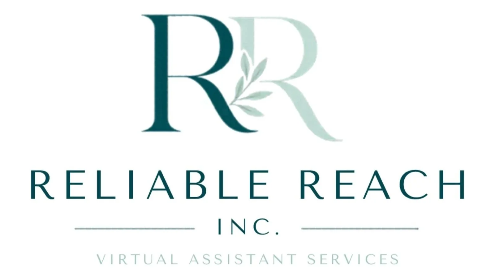 Logo for Reliable Reach Inc., featuring stylized letters R and R intertwined with a leaf, and text indicating virtual assistant services.