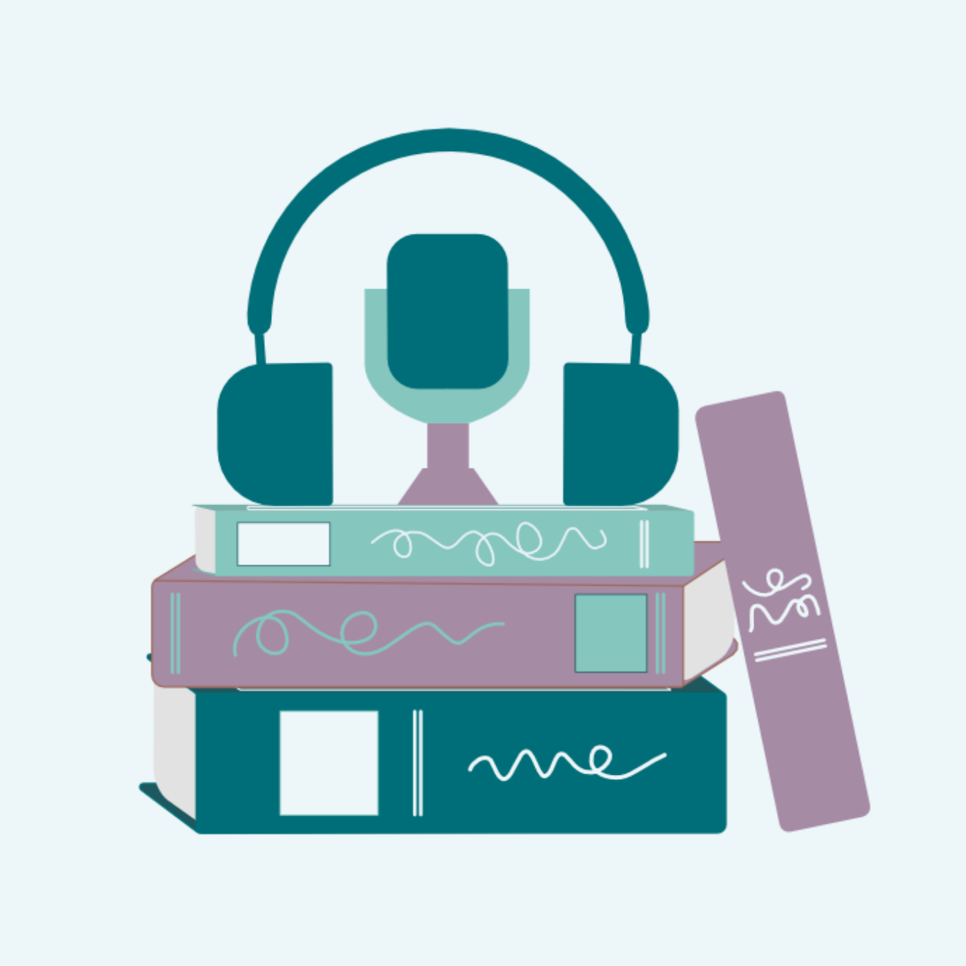 Stack of four books with a pair of headphones and a microphone on top.