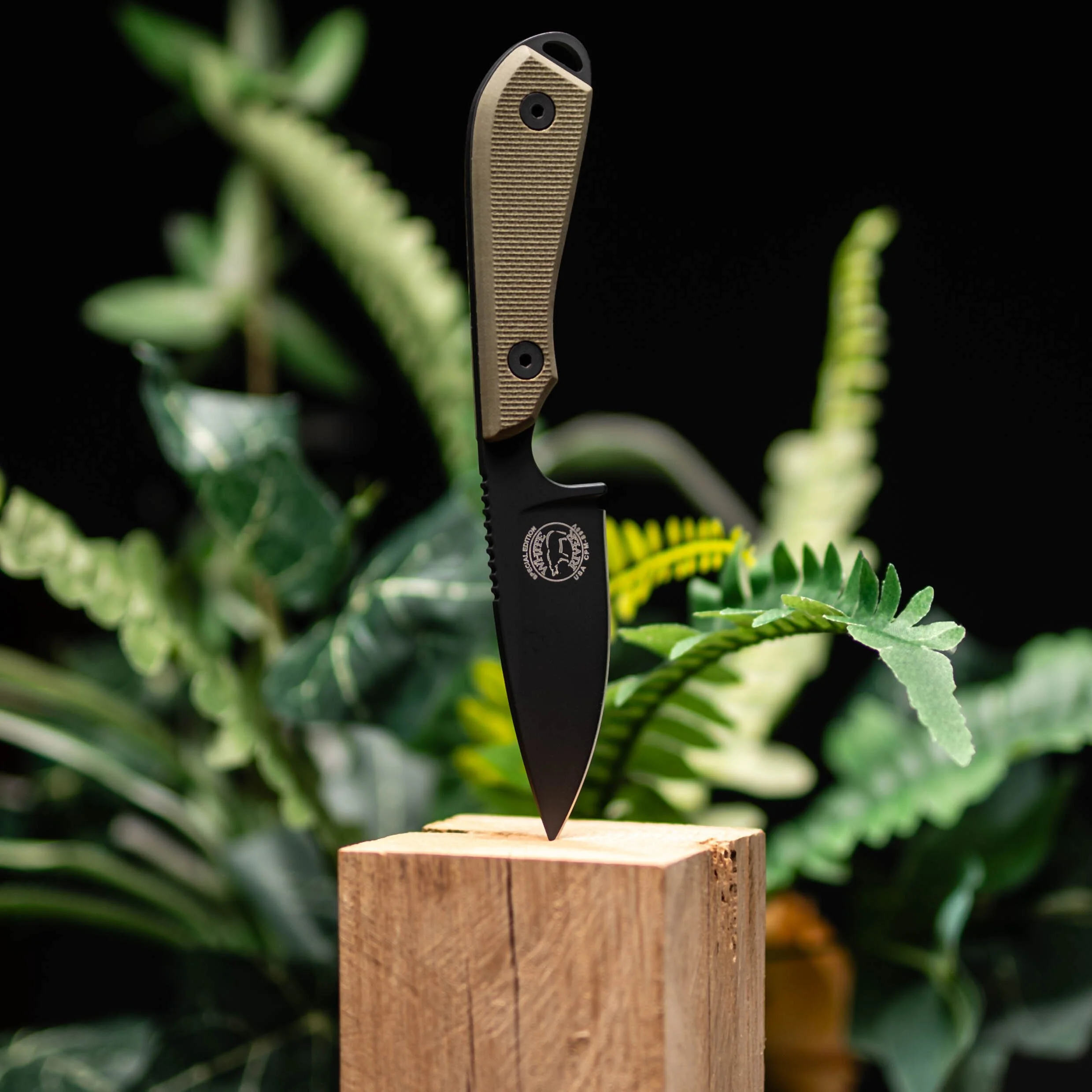 A black and tan tactical folding knife embedded into a wooden block, with green leaves in the background.