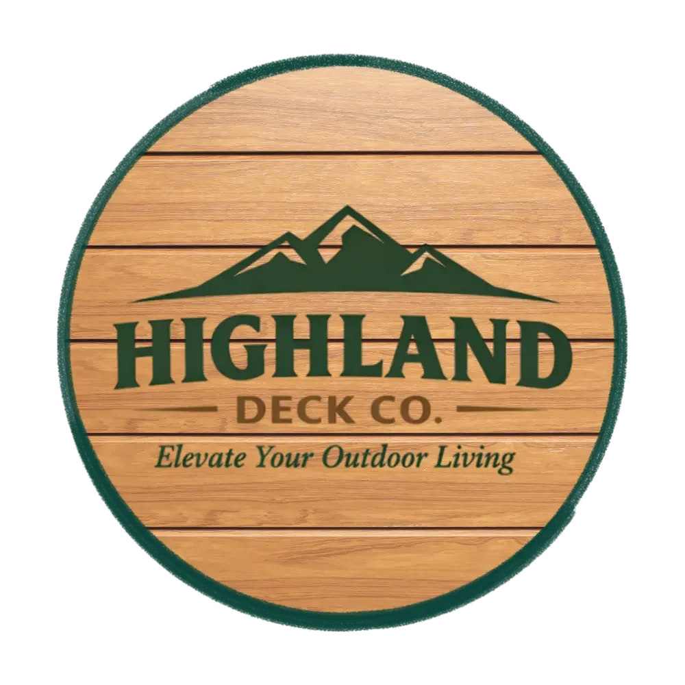 Round wooden sign for Highland Deck Co., featuring mountain peaks and the slogan "Elevate Your Outdoor Living."