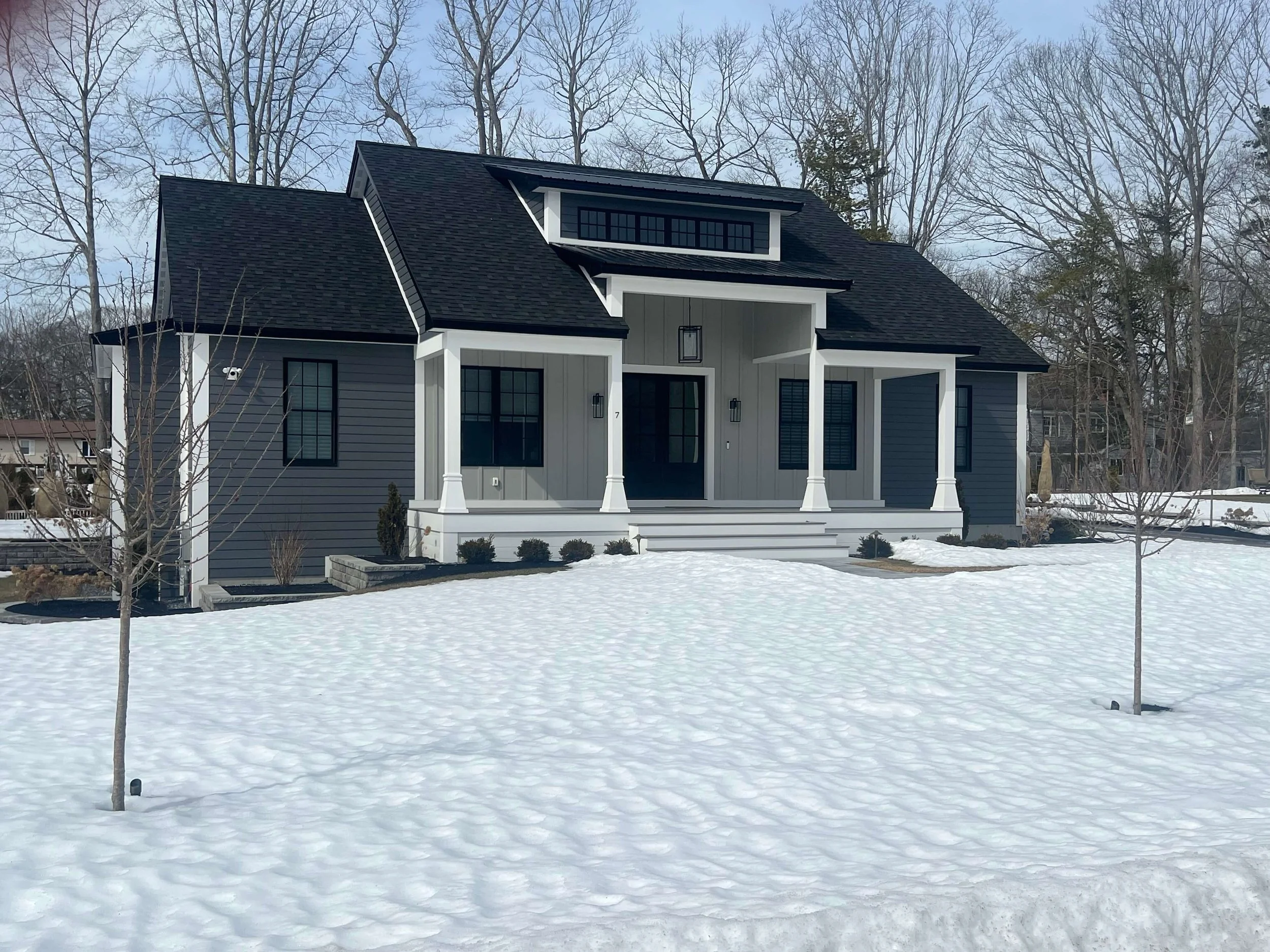A modern two-story house with dark gray siding, white trim, and a black roof set in a snowy landscape with two small leafless trees in the front yard.