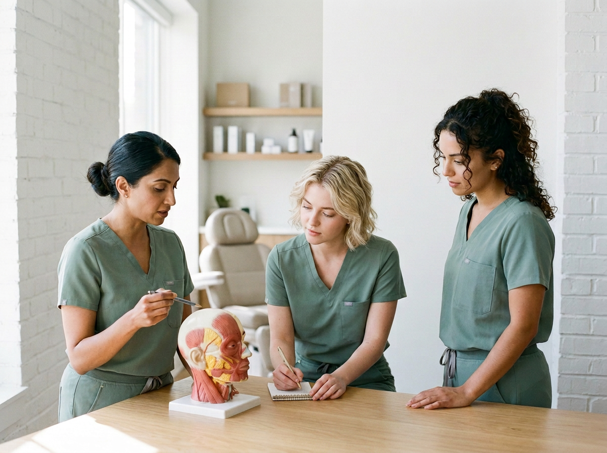 Three female medical professionals in scrubs studying a human head model with anatomical details in a well-lit room.