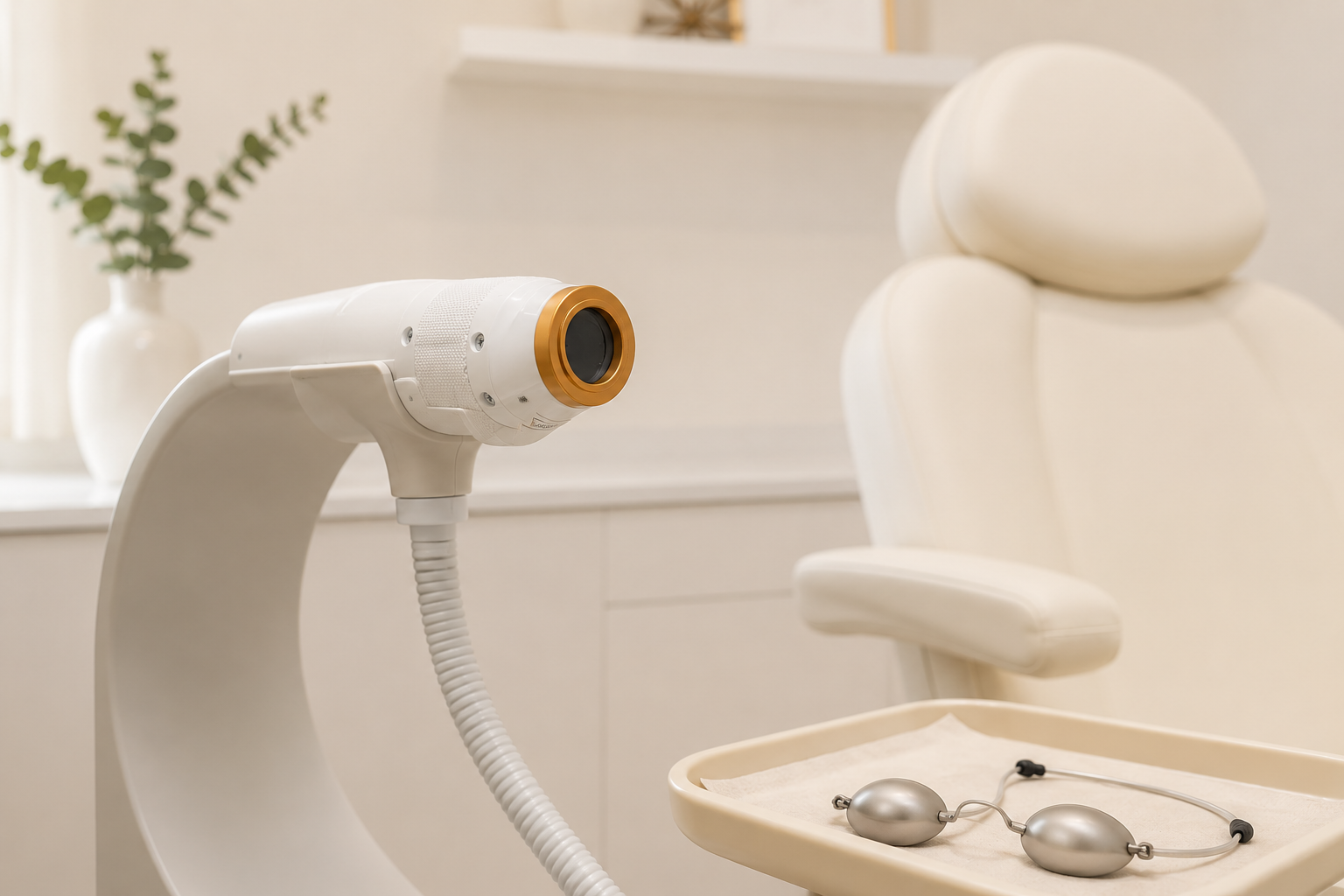 A medical examination room with a white examination chair, an ultrasound or Doppler device, and a tray with a pair of metal Doppler probes.