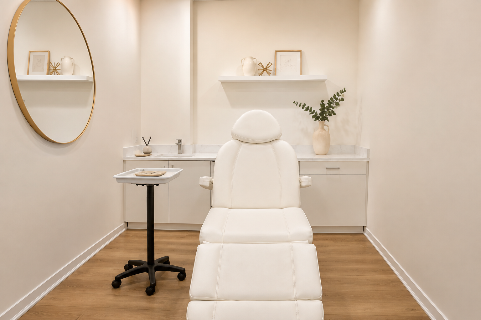 A medical or treatment room with a white reclining chair in the center, a small mobile tray table, and minimal decor including a large round mirror on the wall, a shelf with a framed picture, a white vase, and a decorative object, along with a countertop with a faucet, a vase with greenery, and small decorative items.
