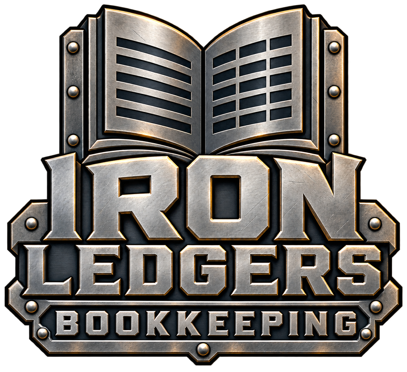 Metallic emblem of the Iron Ledgers Bookkeeping logo featuring an open book and bold text.