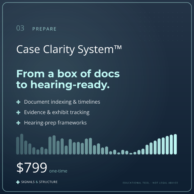 SIGNALS & STRUCTURE
The Case Clarity System™
Turn chaos into structure.
Most people in high conflict believe they have an evidence problem. More often, they have a structure problem.