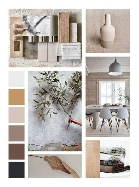 A collage of interior design elements, including paint swatches, a stoneware vase, a hanging light, a dining room with a table and chairs, a branch of leaves, and textiles, arranged with neutral and earthy tones.