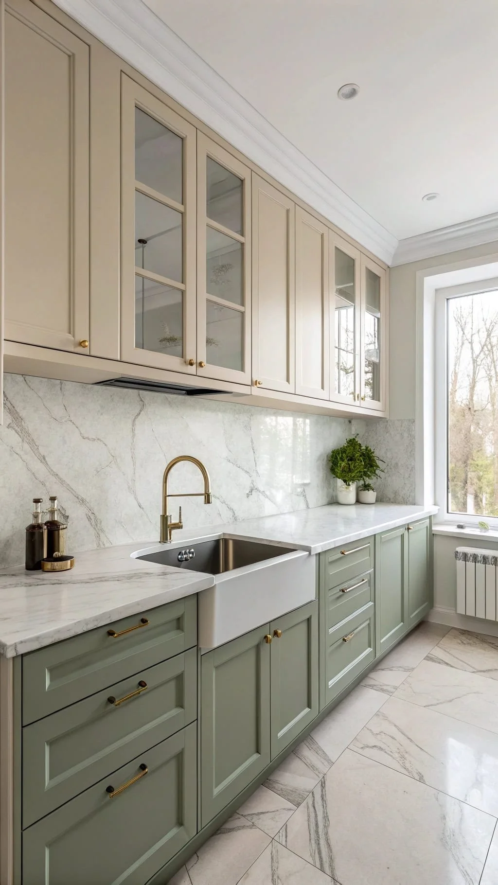 A modern kitchen with green lower cabinets, beige upper cabinets with glass doors, a white marble countertop, and a white farmhouse sink. There's a gold faucet and a window letting in natural light, with a plant nearby.