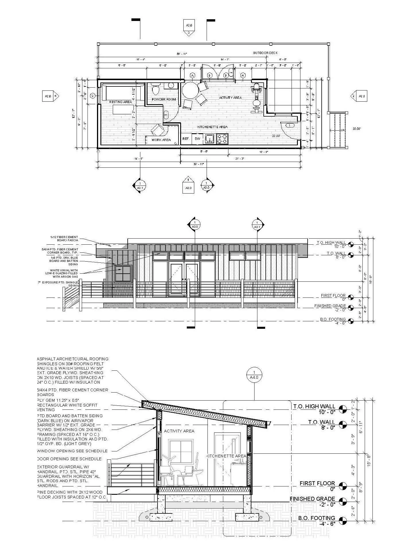 Architectural blueprint of a small building including floor plans, elevation, and section views showing interior layouts, exterior wall details, roofing, and construction specifications.