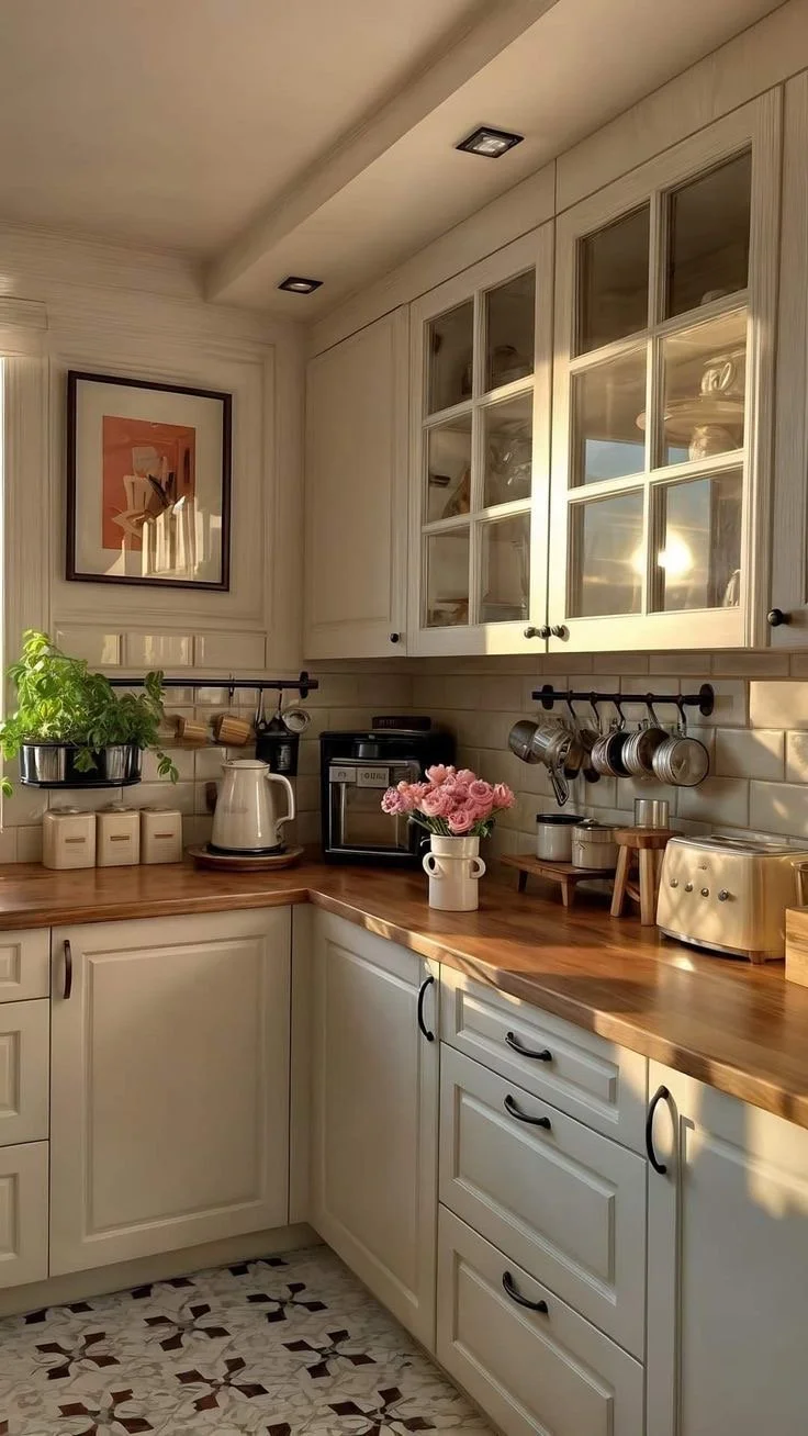 A cozy kitchen corner with white cabinets, a wooden countertop, a potted plant, a bouquet of pink flowers, and various kitchen appliances and utensils.