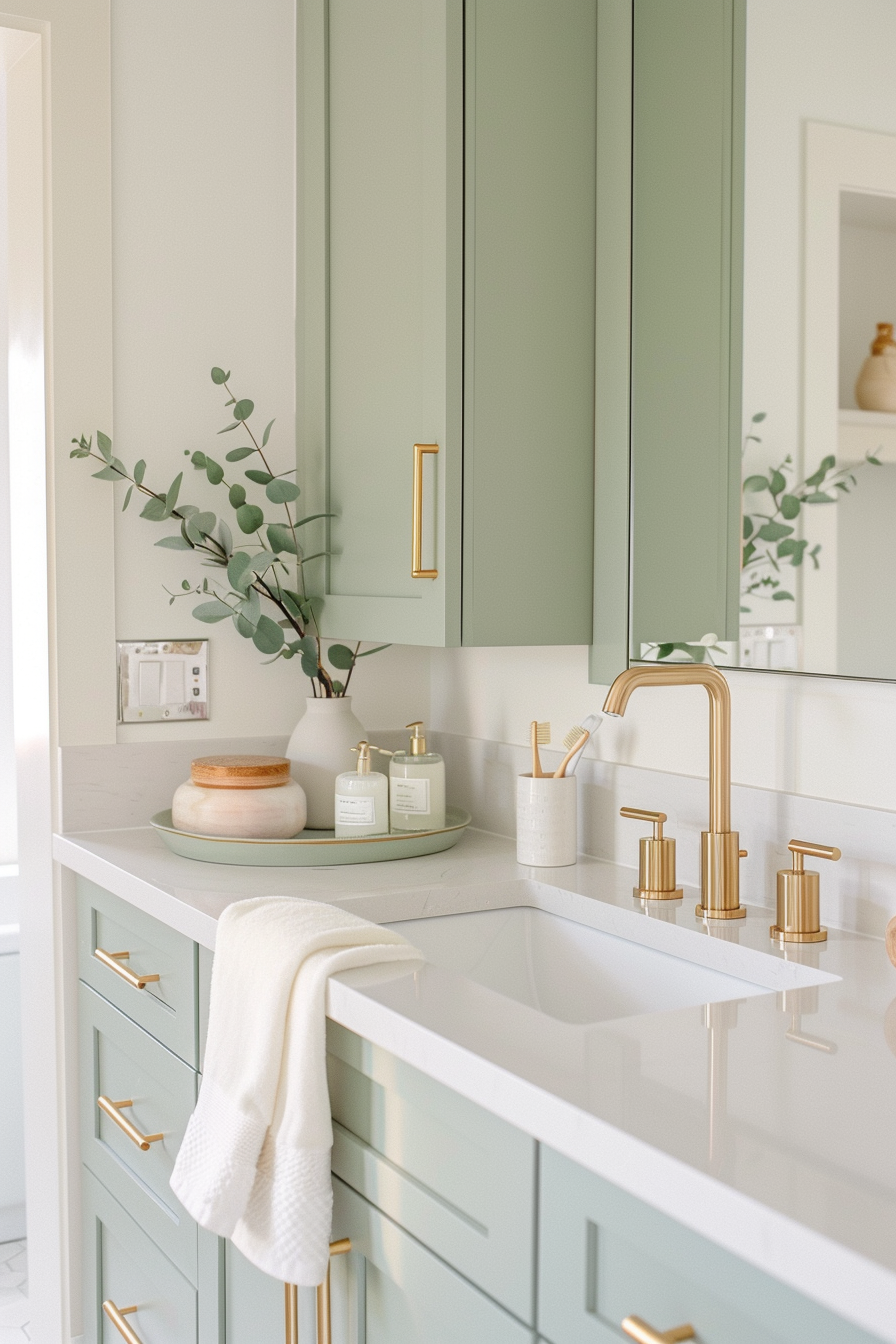 A bathroom vanity with mint green cabinetry, gold hardware, and a white countertop with a built-in sink, decorated with a vase of eucalyptus, soap dispenser, toothbrush holder, and a white towel hanging on the side.