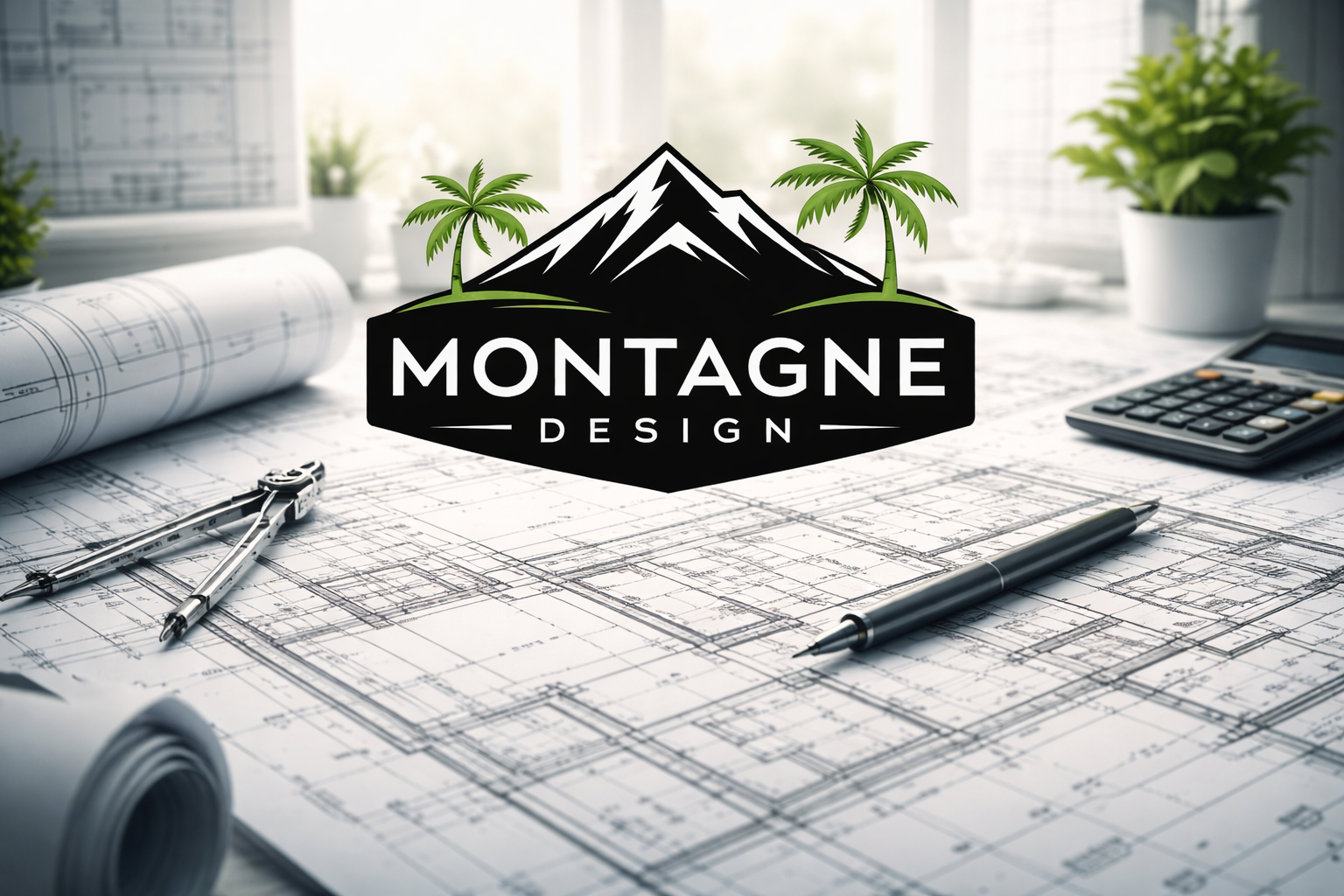 Architectural plans on a desk with drafting tools, potted plants, and a calculator, featuring a logo with mountain and palm trees and the text 'Montagne Design'.