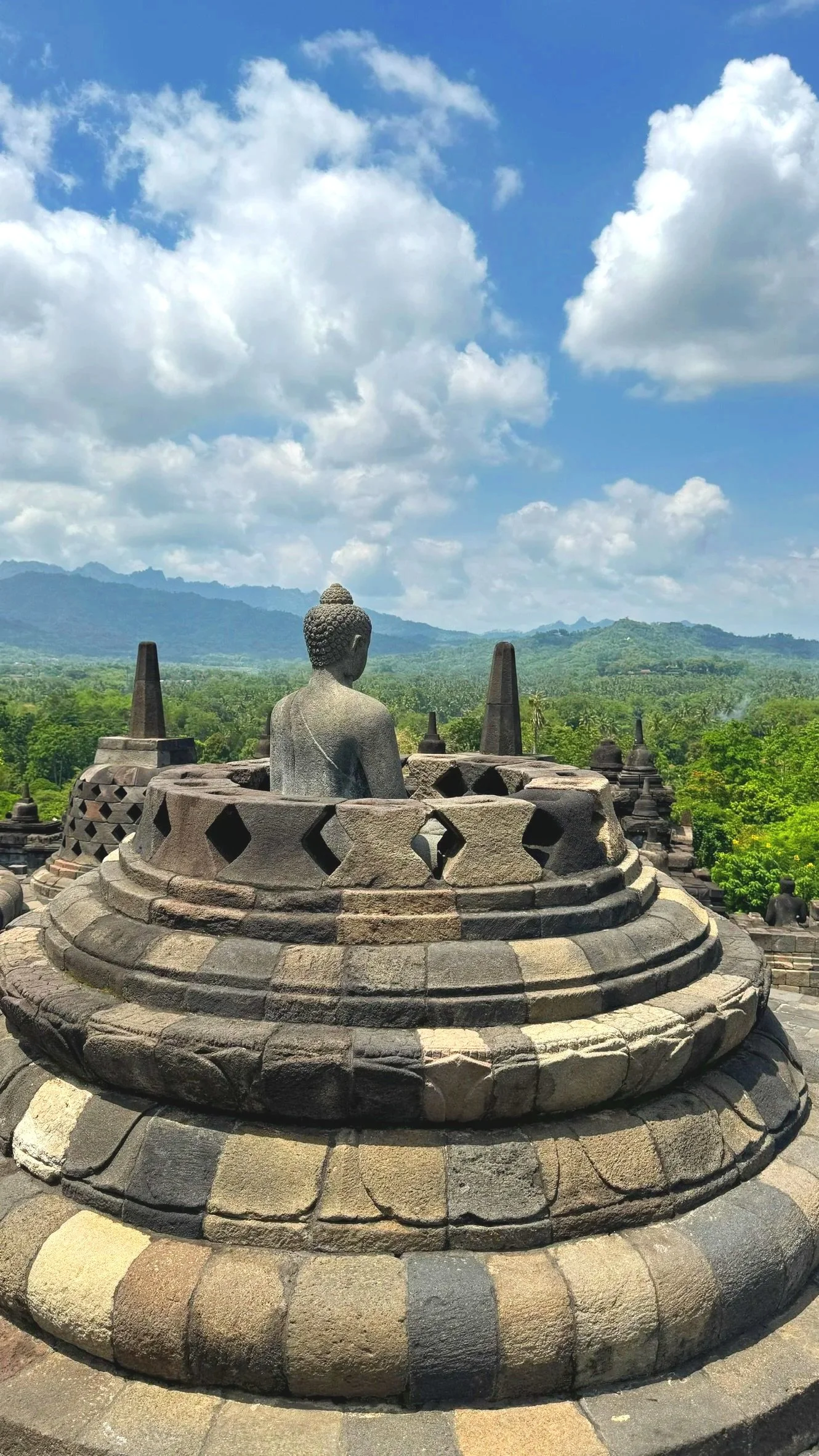 Stone Buddha statue on a tiered stone platform at Borobudur with lush green forest and mountains in the background, under a partly cloudy sky.