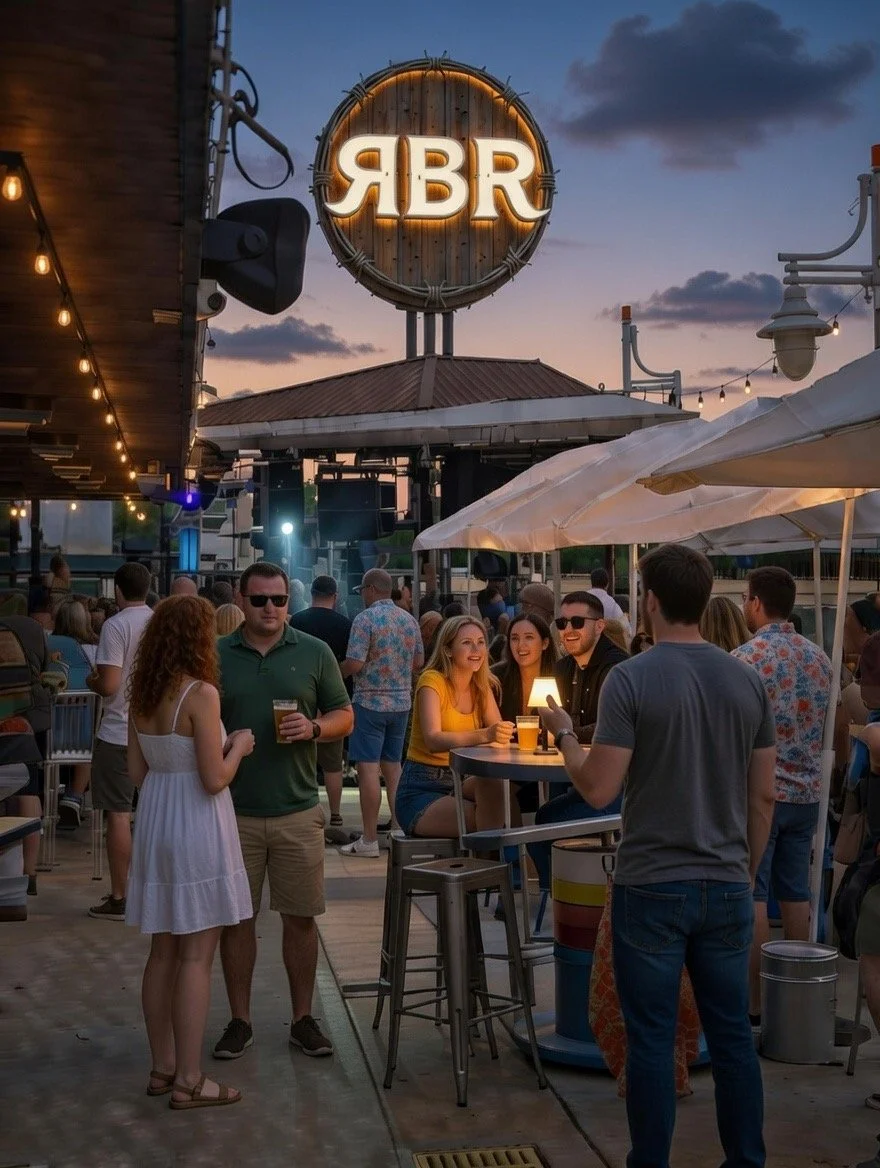 People socializing and enjoying drinks at an outdoor bar or brewery during sunset, with a large illuminated sign that reads 'RBR' in the background.
