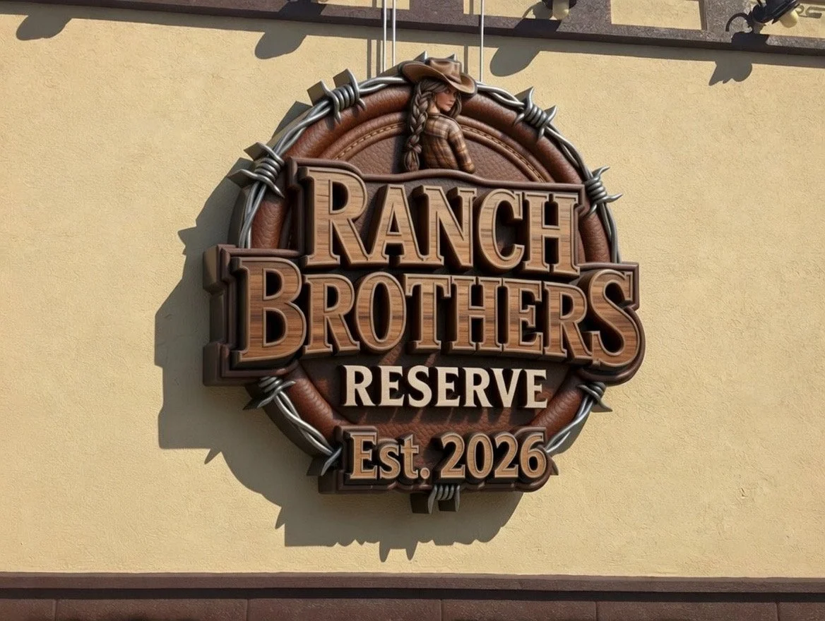 Sign for Ranch Brothers Reserve, an establishment established in 2026, featuring a cowboy girl with braided hair, wearing a cowboy hat, and surrounded by a rustic design with barbed wire.