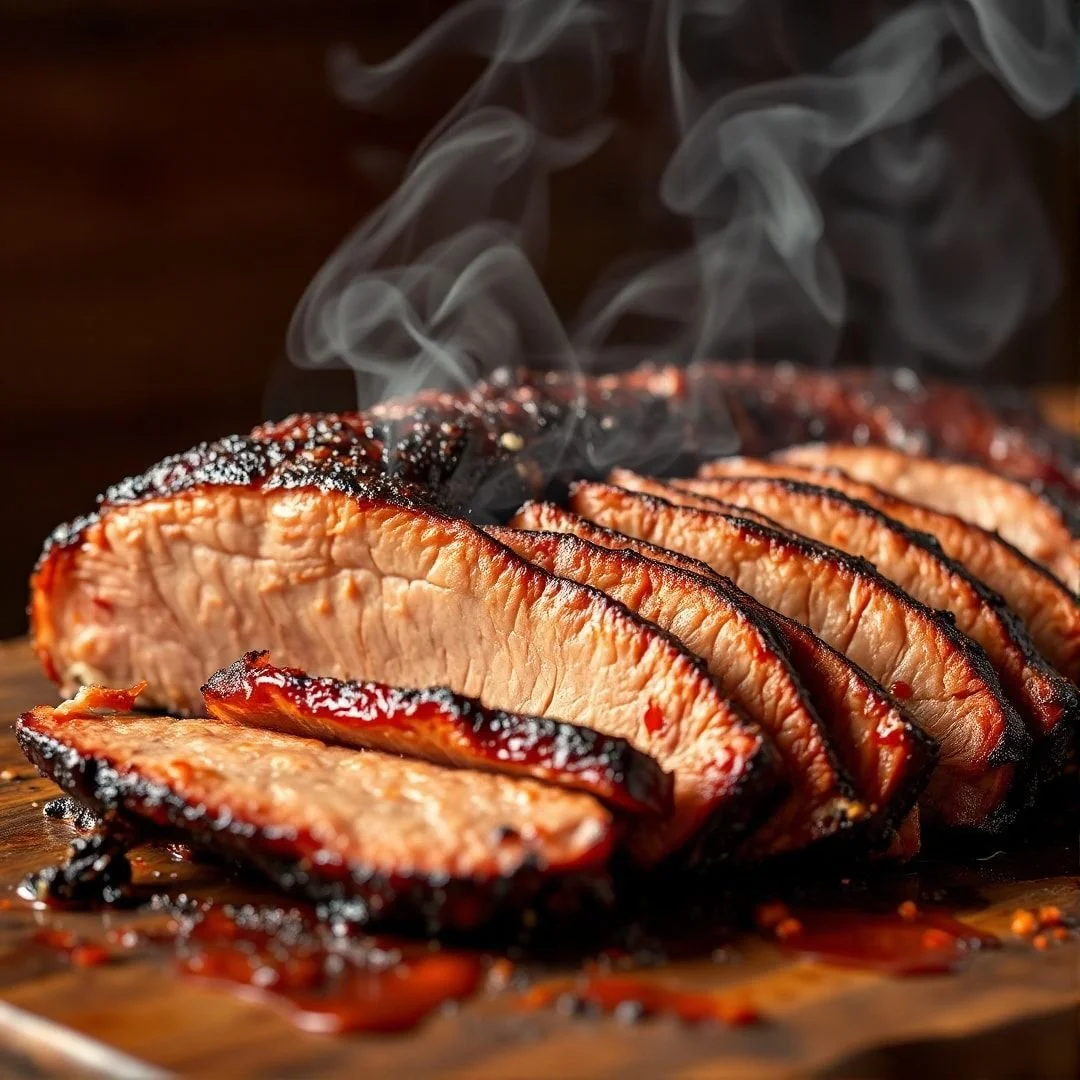 Slices of smoked barbecue pulled pork on cutting board, with smoke rising.