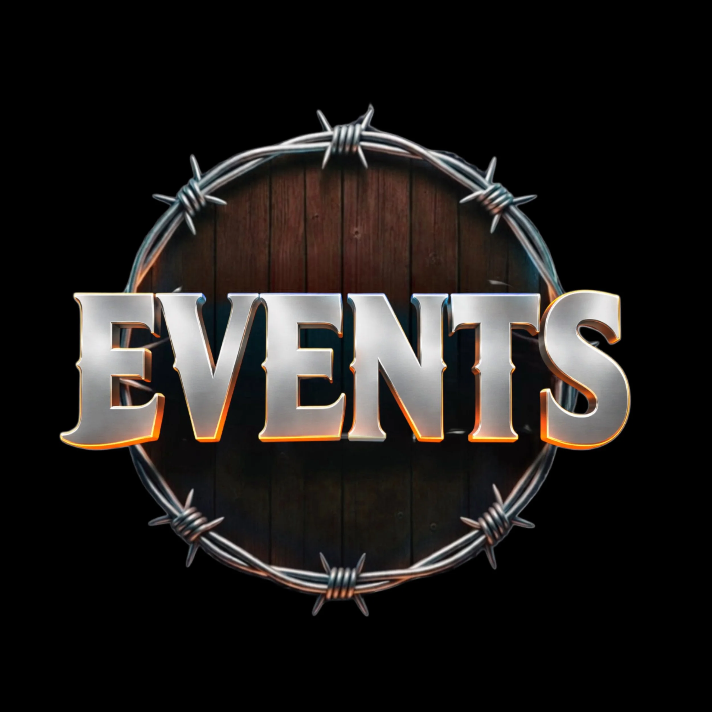 A wooden barrel surrounded by barbed wire with the word 'EVENTS' in metallic letters in front.