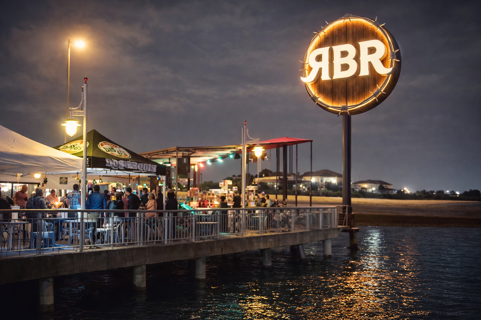 Night scene of a pier with a lit sign 'ЯВЗ', outdoor seating, tents, and people dining by the water. Streets and houses are visible in the background.