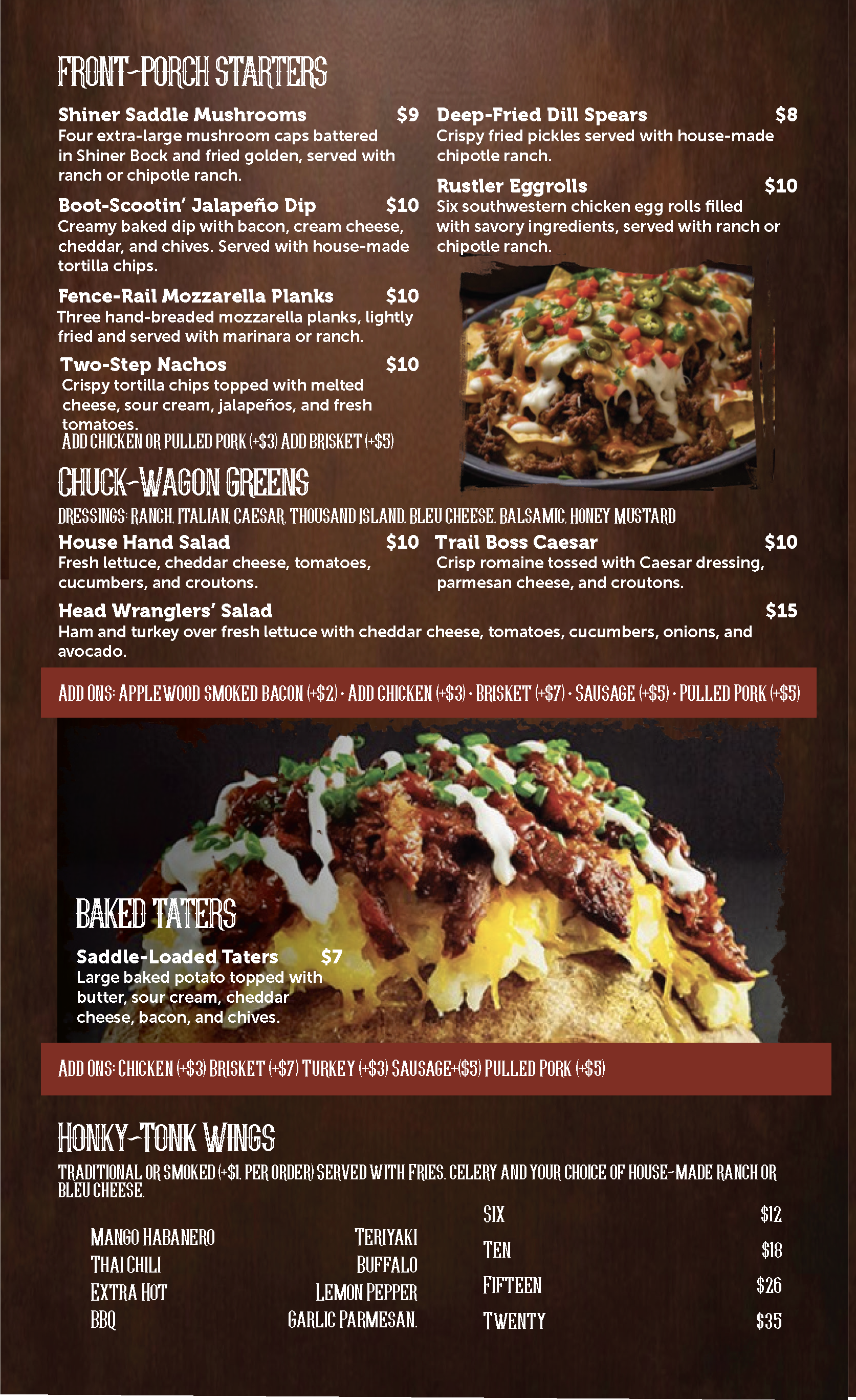 Menu of food items including front-porch starters, baked taters, and honky-tonk wings with prices and descriptions.