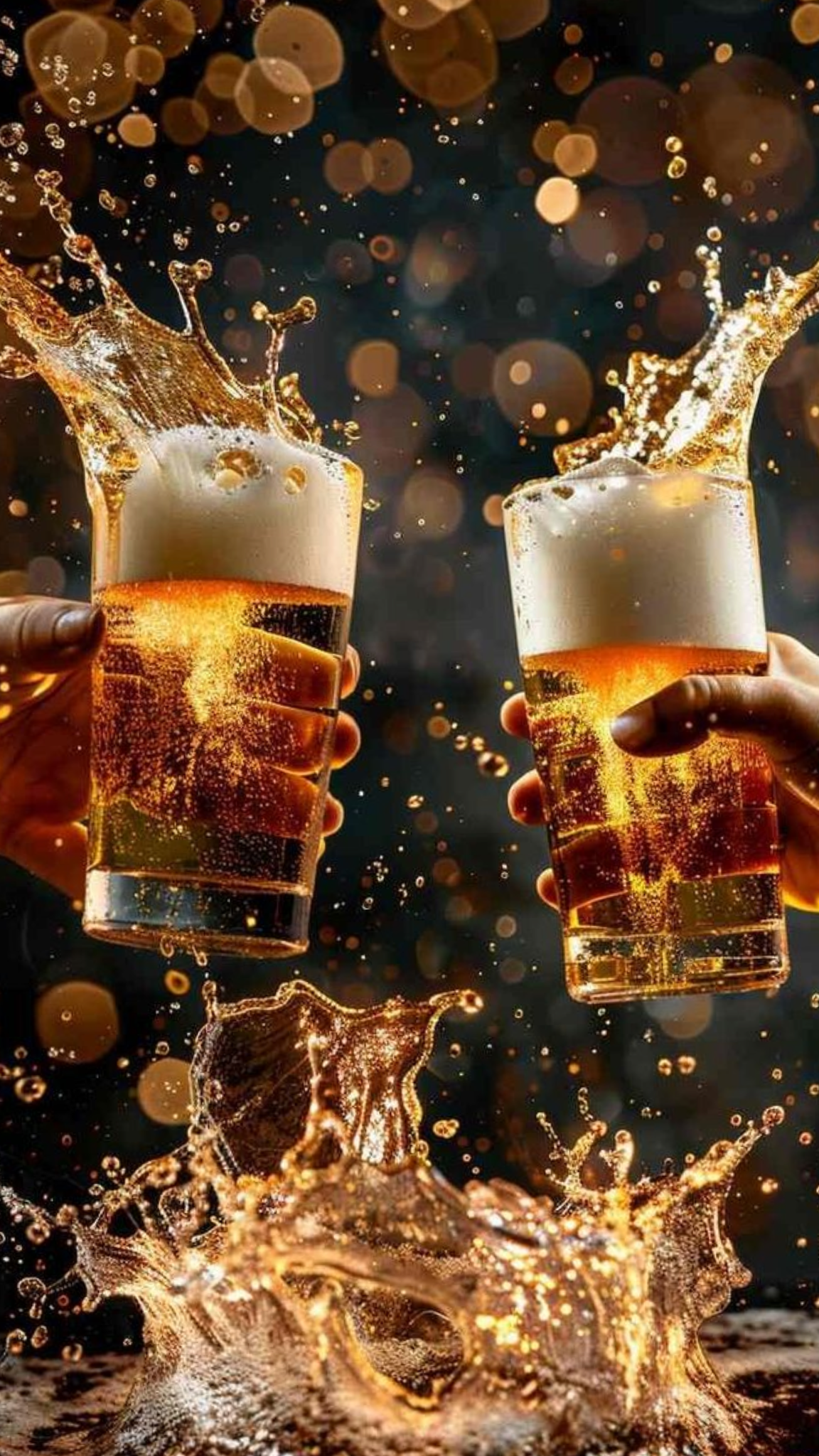 Two hands holding glasses of beer with foam spilling over, with bubbles reflecting light, against a dark background with golden bokeh.