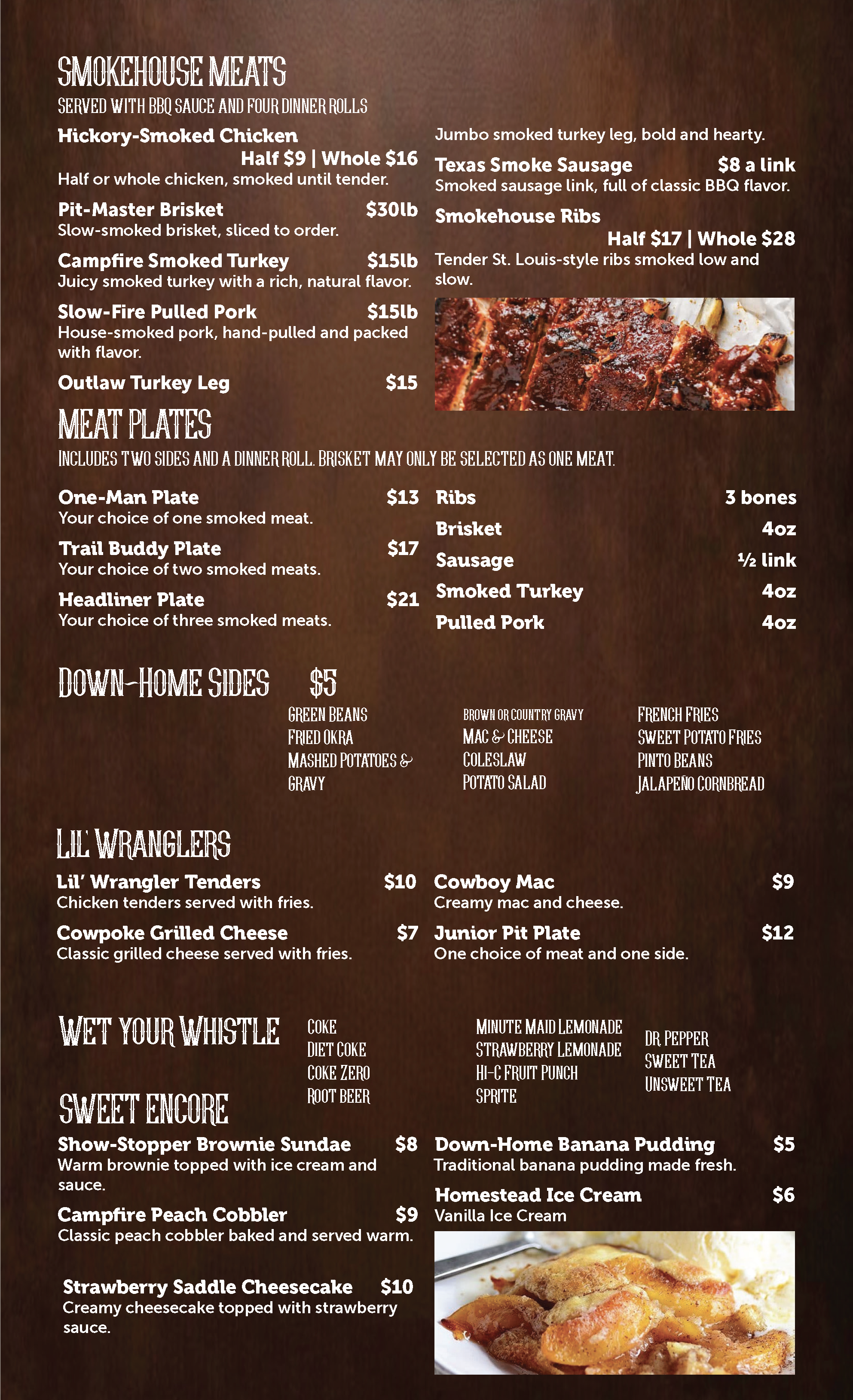 Menu featuring smoked meats, meat plates, sides, Little Wrangler dishes, drinks, and desserts with two photos of smoked ribs and banana pudding.