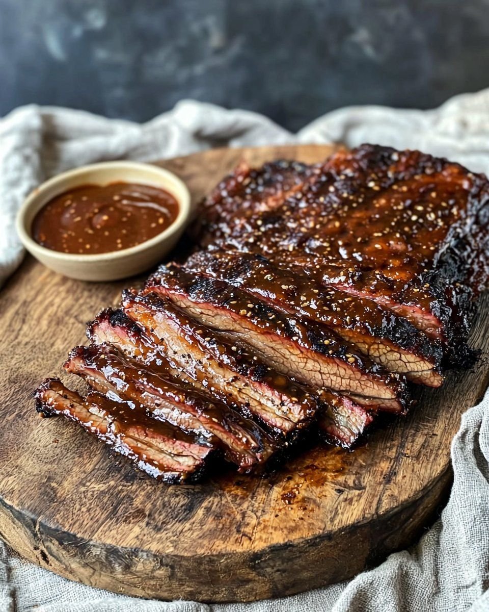 A slab of barbecued ribs glazed with sauce and sprinkled with sesame seeds, served on a wooden cutting board with a side of dipping sauce.