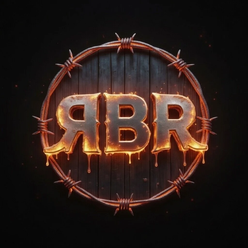 Burning metal letters spelling "RBR" in front of a wooden background, surrounded by barbed wire.