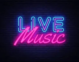 Neon sign with blue and pink lights that says 'LIVE Music'