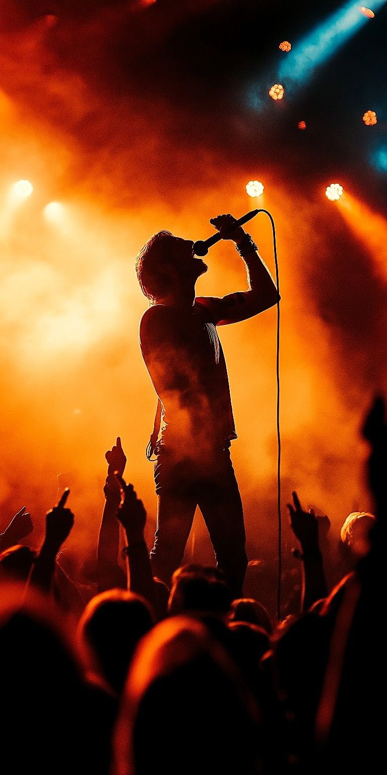 Silhouette of a singer performing on stage with colorful bright lights and an audience with raised hands.